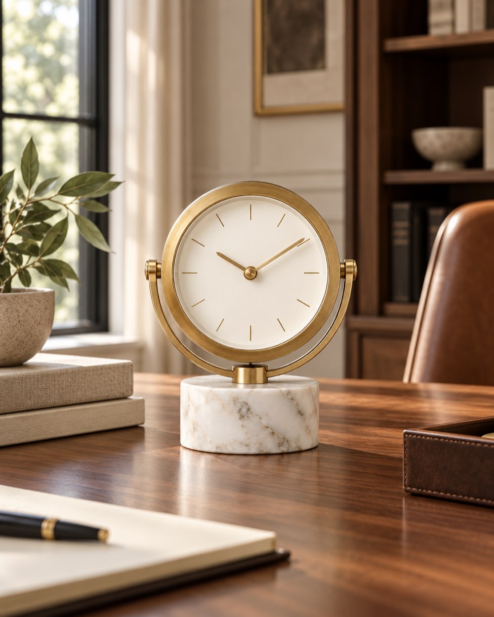 Brass and marble desk clock