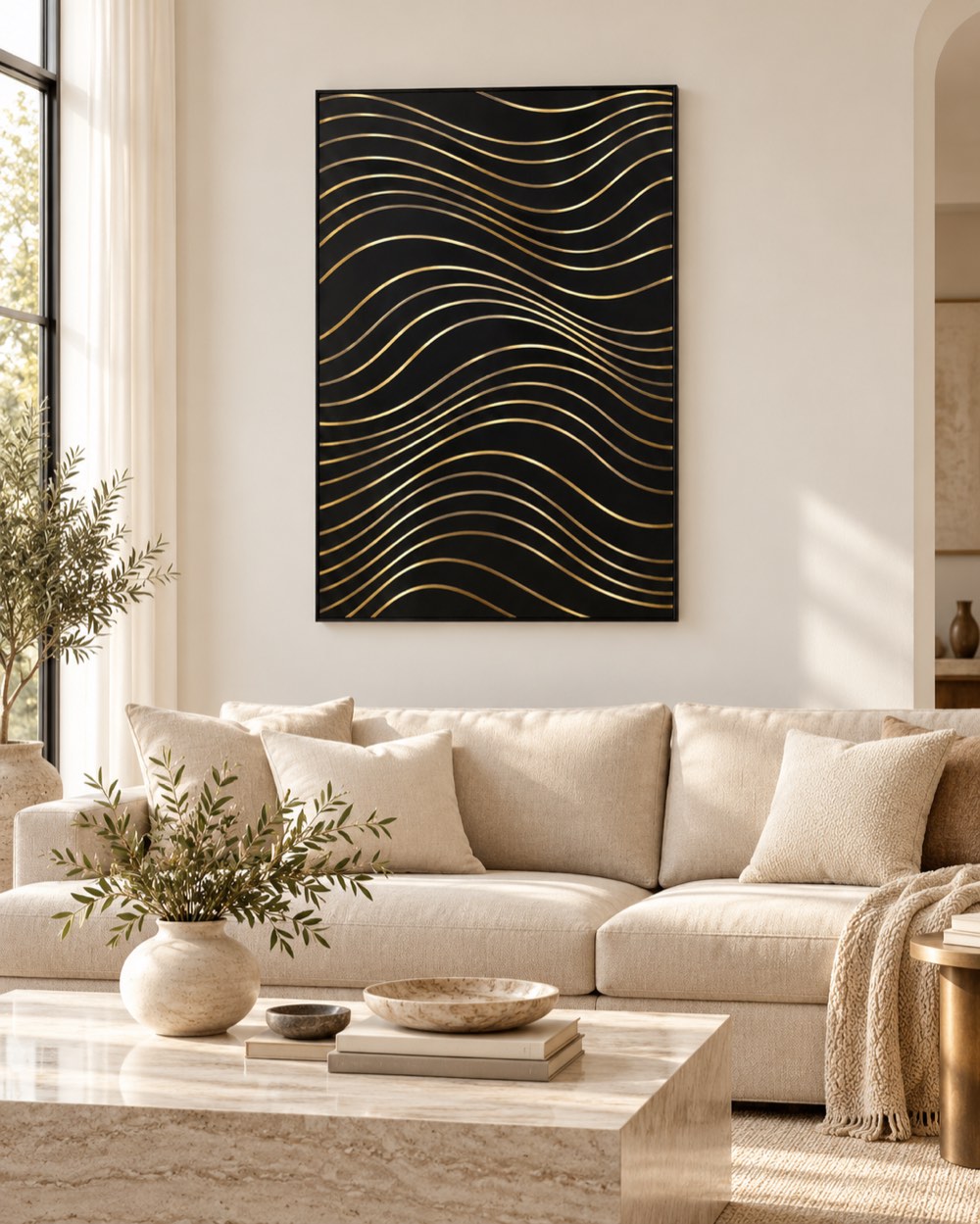 Gold wave metal wall art above a sofa