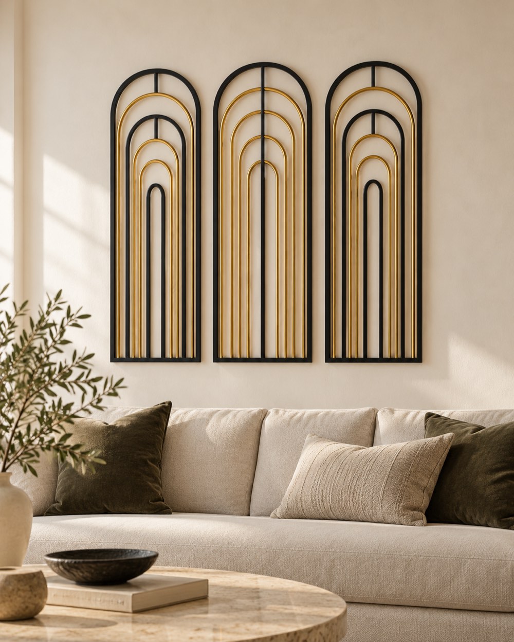 Black and gold arch gateway triptych above a lounge sofa