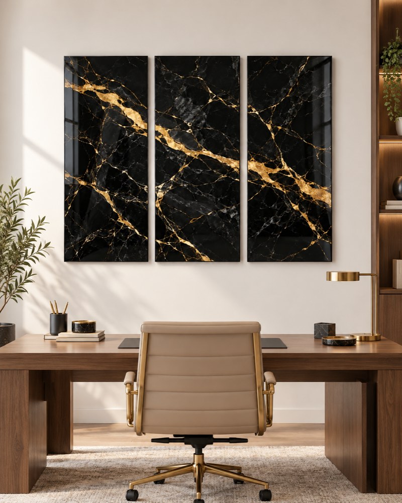 Black marble and gold wall art trio styled above an executive desk