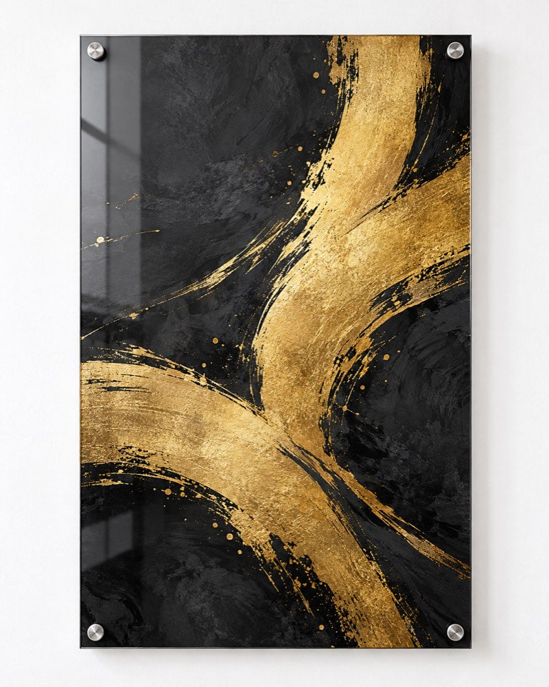 Gold Strokes Charcoal Glass Wall Art