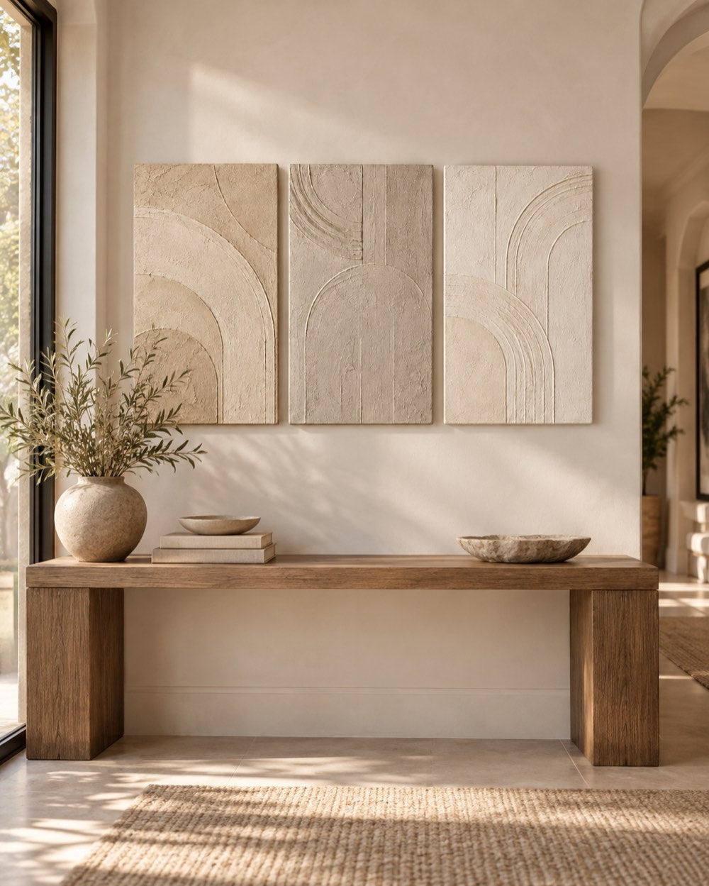 Neutral textured abstract triptych above a console
